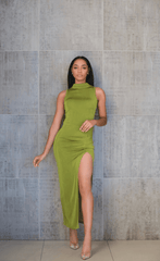 CLASSY HIGH NECK SLIT DRESS IN GREEN